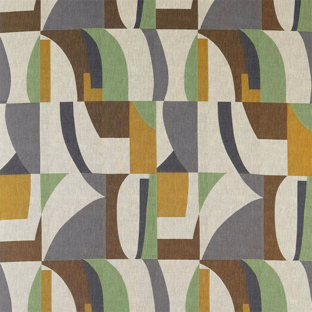 Saffron, charcoal and wasabi geometric arches woven across a textured cream ground