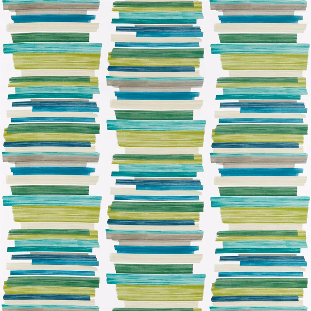 Emerald, teal and zest textile with irregular horizontal painterly stripes and textured bands