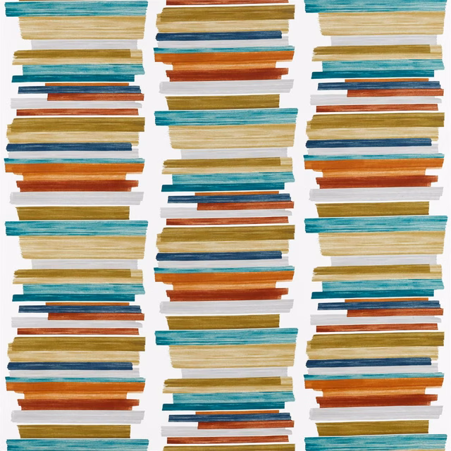 Paprika, teal and olive textured horizontal bands on a pale ground