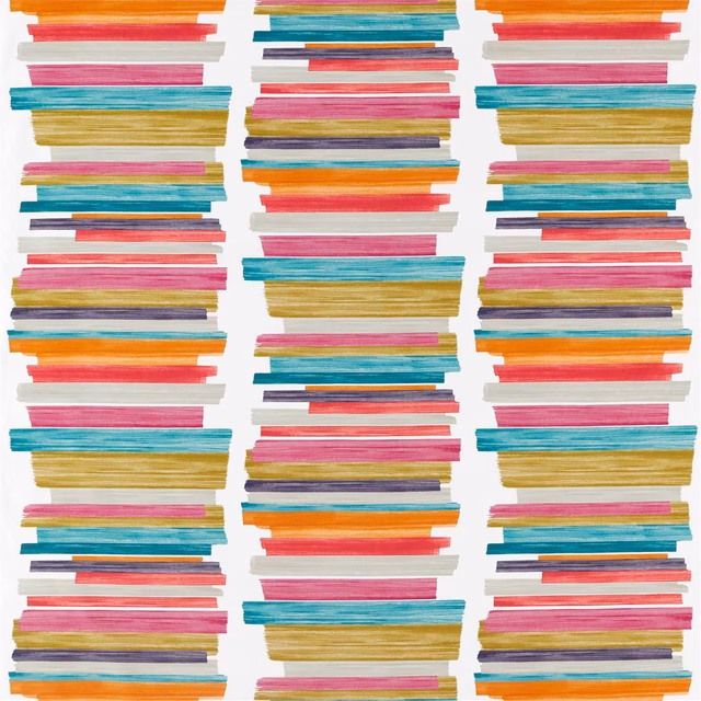 Teal, fuchsia and mandarin woven bands arranged in repeated vertical columns
