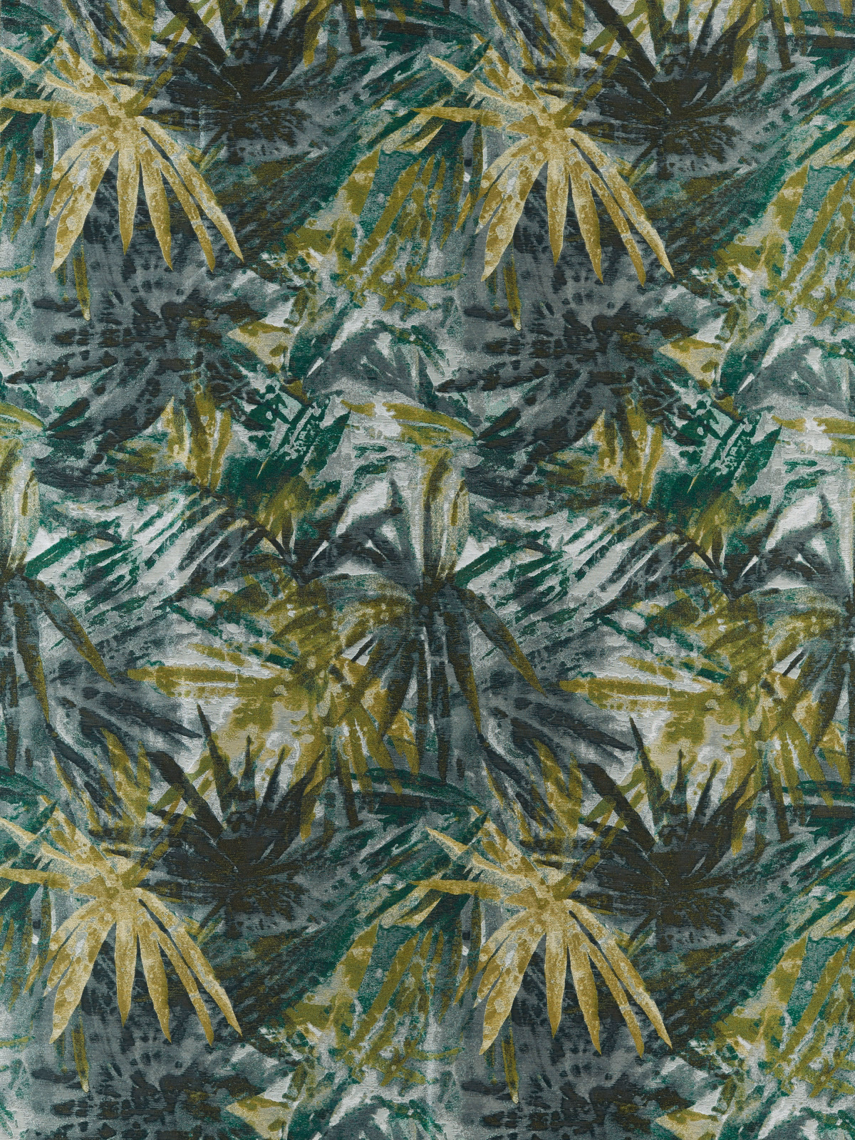 Painterly emerald and celadon jungle foliage with olive-gold leaves on charcoal ground