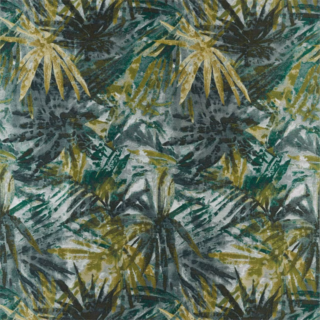 Painterly emerald and celadon jungle foliage with olive-gold leaves on charcoal ground
