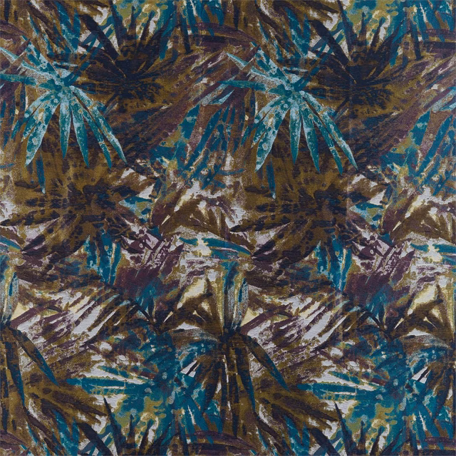 Painterly teal, plum and ochre foliage woven across a richly textured ground