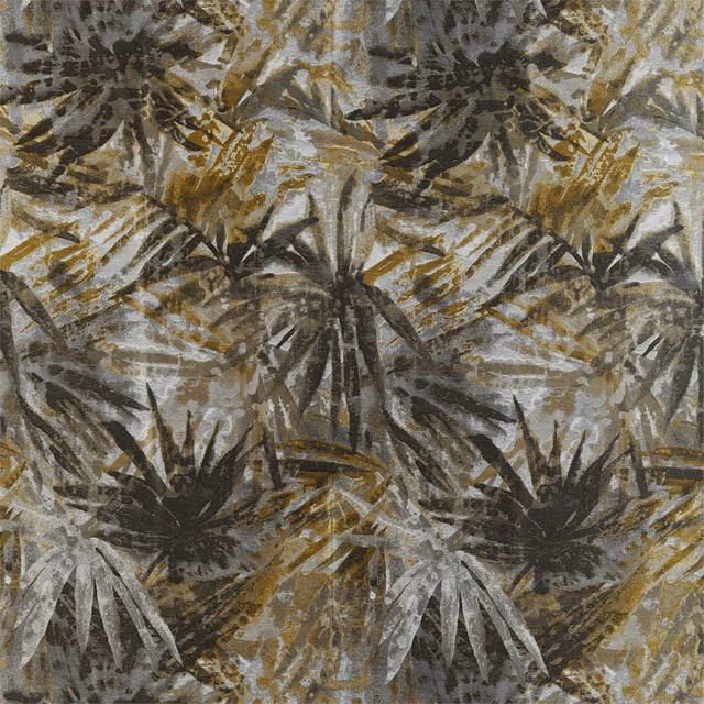 Steel and charcoal botanical silhouettes with celadon-grey and saffron brushstrokes