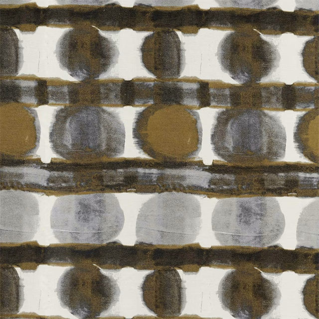 Charcoal, ochre-gold and ivory geometric circles woven in horizontal bands