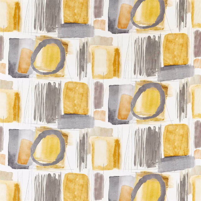 Ochre and charcoal abstract rings and brush marks on a stone ground