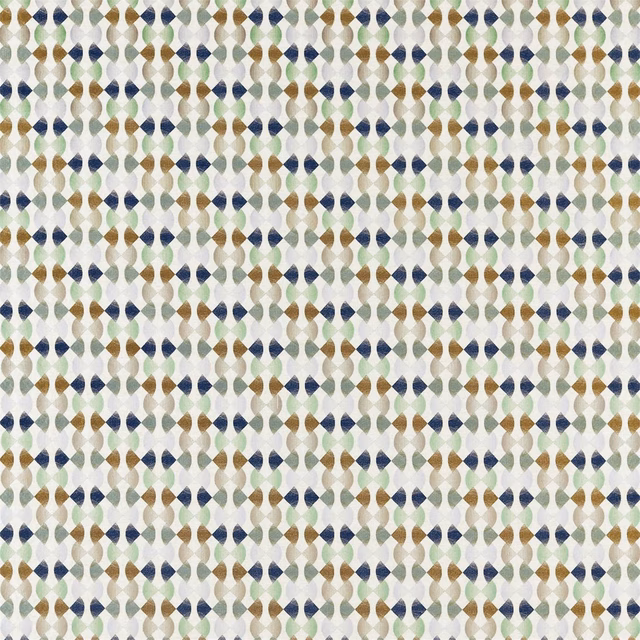 Cream woven textile with tiny ink blue, wasabi green and gold geometric diamonds