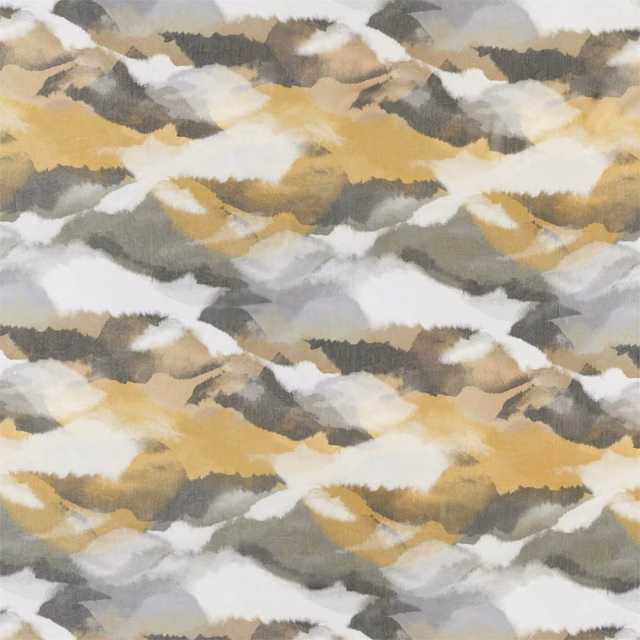 Muted ochre gold and charcoal abstract brushstroke fabric with cream and grey layers