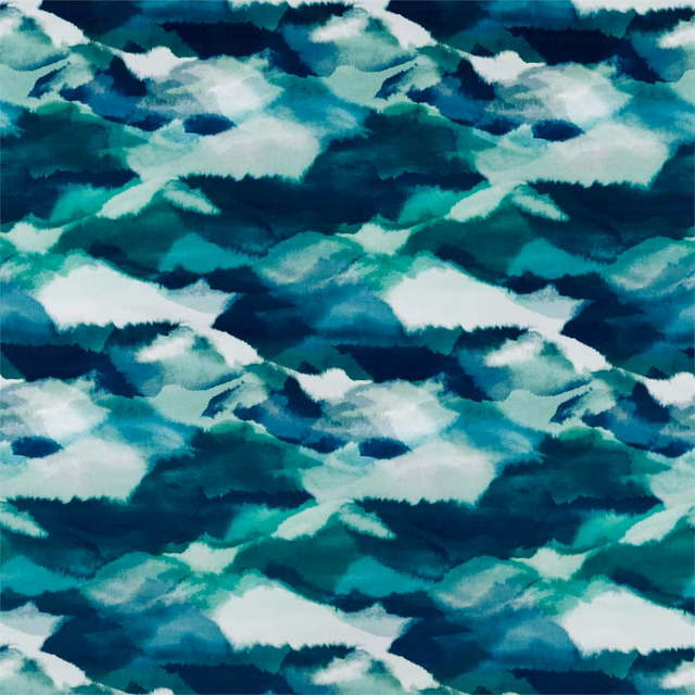 Abstract teal, turquoise, marine and white painterly waves across velvet