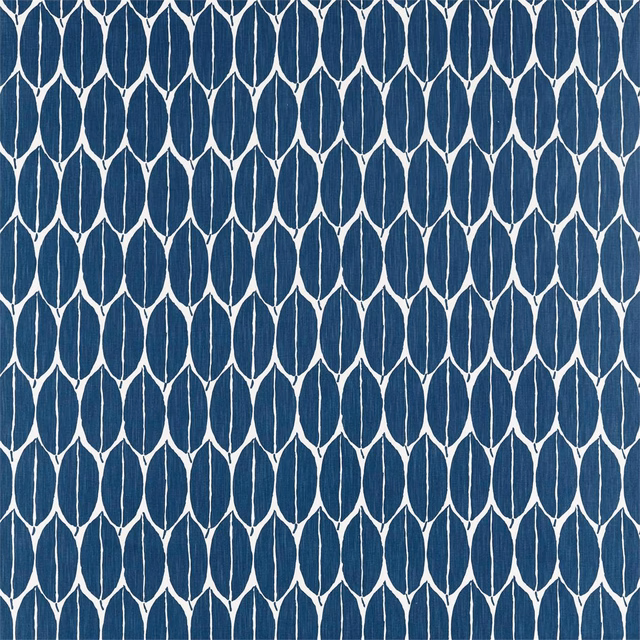 Deep ink-blue fabric with repeating ivory-edged elongated leaf motifs and woven texture