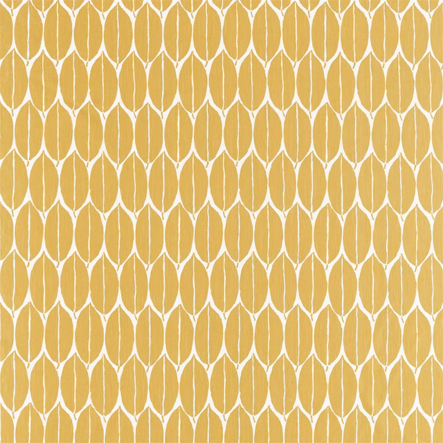 Warm ochre textile with crisp white elongated leaf outlines in vertical rows
