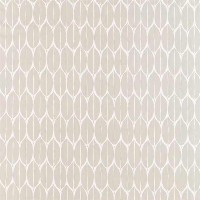 Soft greige taupe fabric with repeating ivory elongated leaf outlines