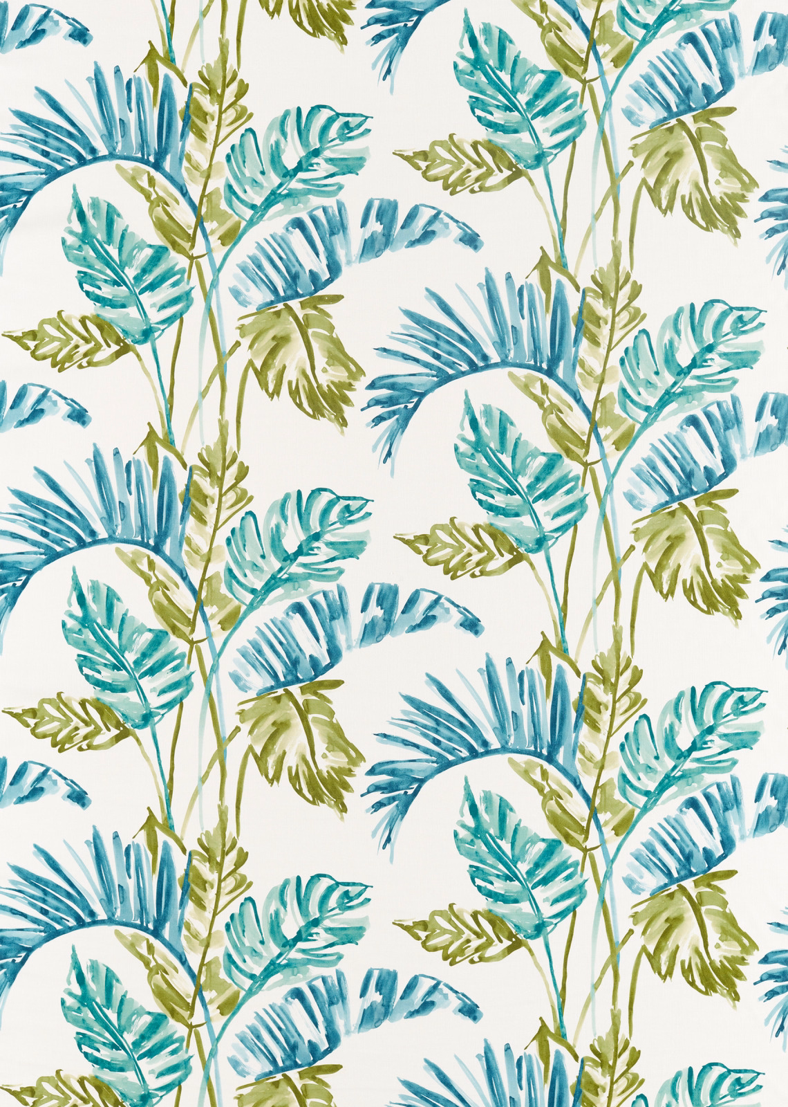 Teal, emerald and olive tropical leaves on a warm cream botanical fabric ground