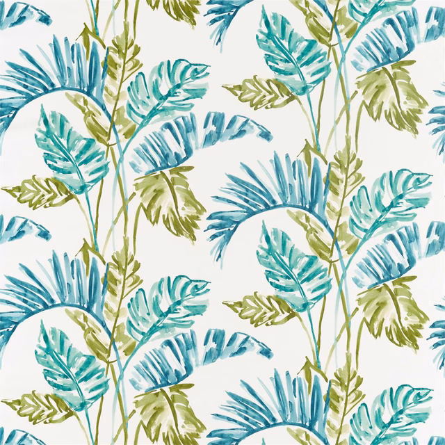 Teal, emerald and olive tropical leaves on a warm cream botanical fabric ground
