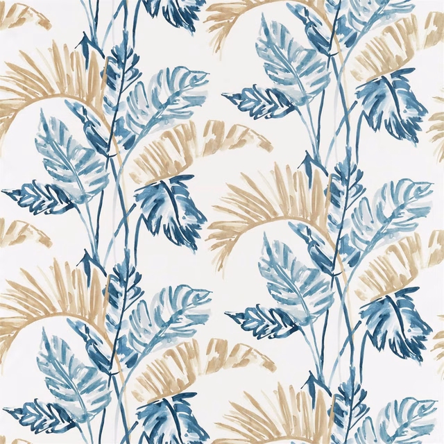 Cream botanical fabric with sky and ink blue leaves and stone fronds