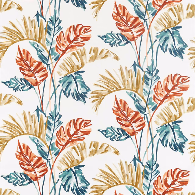 Paprika, teal and olive leafy botanical sprays on a warm cream fabric ground