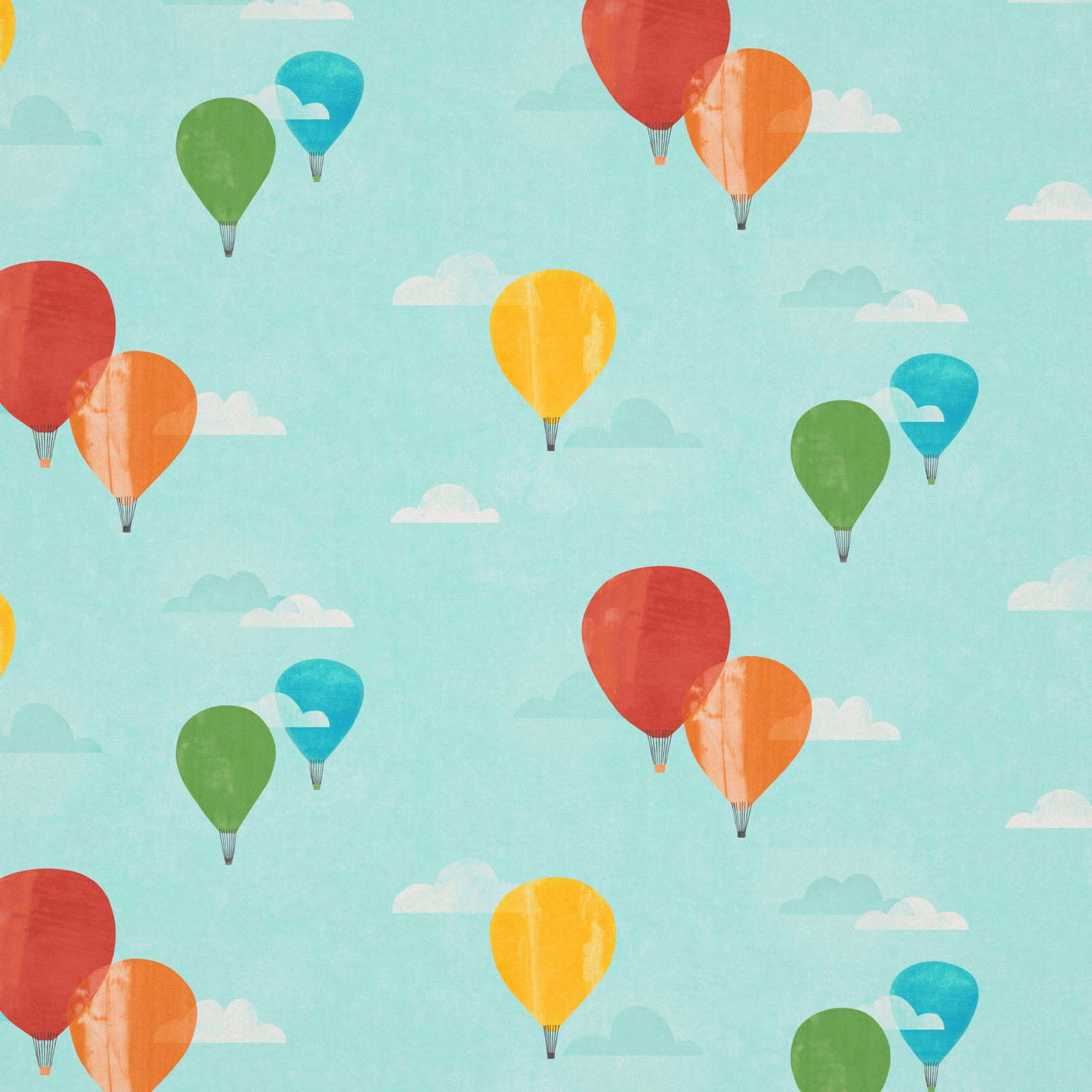 Pale aqua fabric with red, orange, green and yellow hot-air balloons