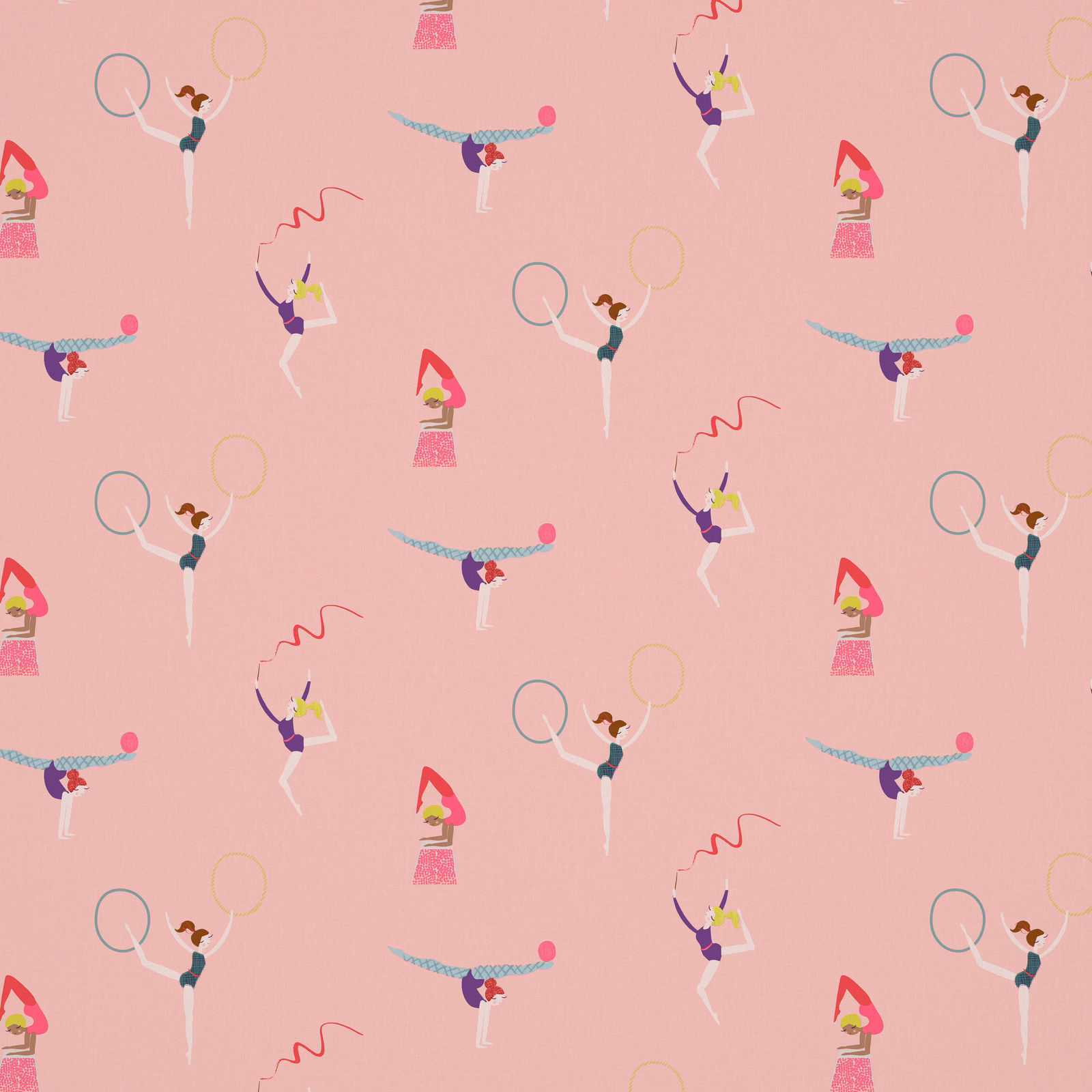 Dusty pink fabric with miniature acrobats, hoops, ribbons and raspberry-grape accents