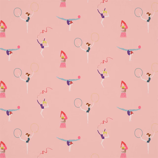 Dusty pink fabric with miniature acrobats, hoops, ribbons and raspberry-grape accents