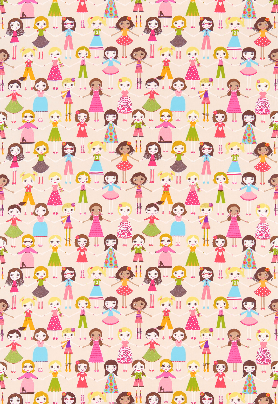 Cream-ground fabric with rows of colourful illustrated girls in patterned dresses