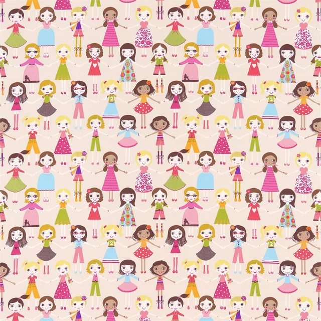 Cream-ground fabric with rows of colourful illustrated girls in patterned dresses