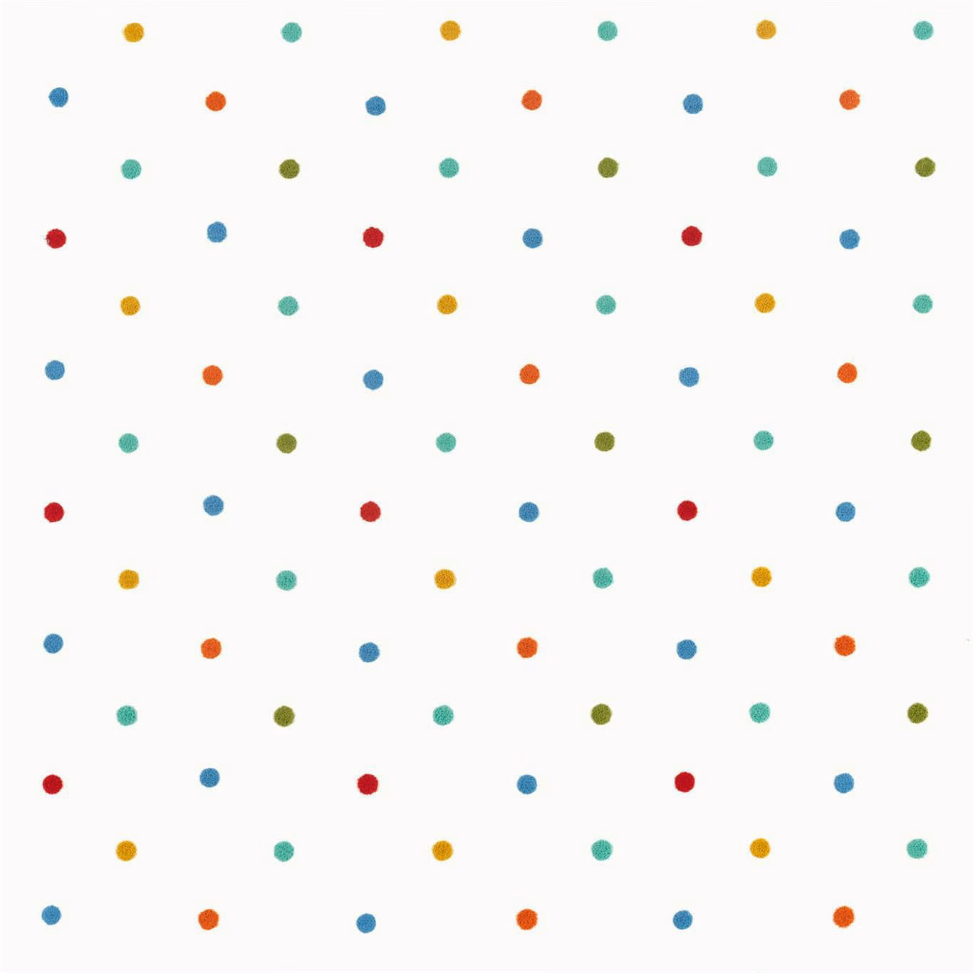 Small red, blue, aqua, orange and olive spots on an off-white fabric ground