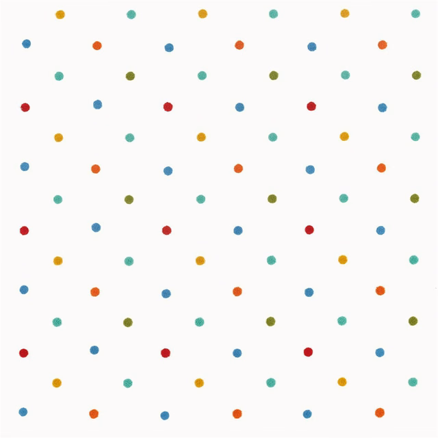 Small red, blue, aqua, orange and olive spots on an off-white fabric ground