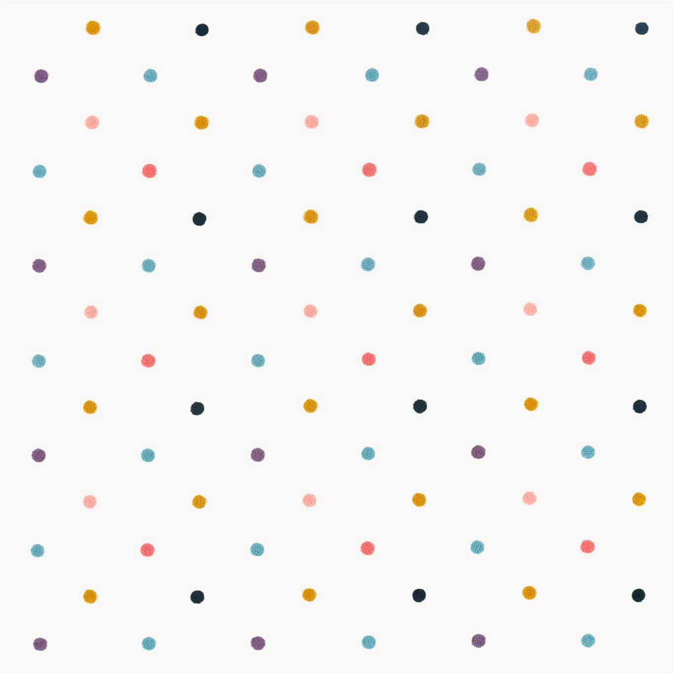 Ivory fabric with evenly spaced raspberry, yellow, navy, teal and violet dots