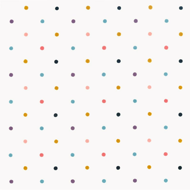 Ivory fabric with evenly spaced raspberry, yellow, navy, teal and violet dots