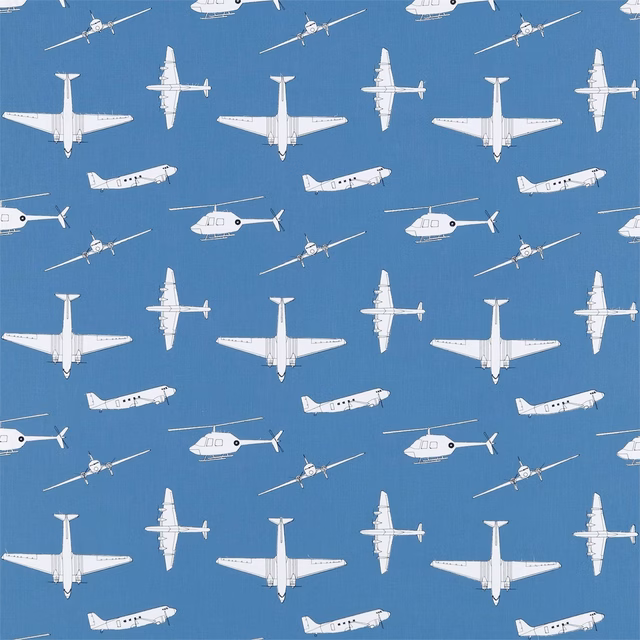 Saturated royal blue woven ground with white aircraft and helicopter motifs
