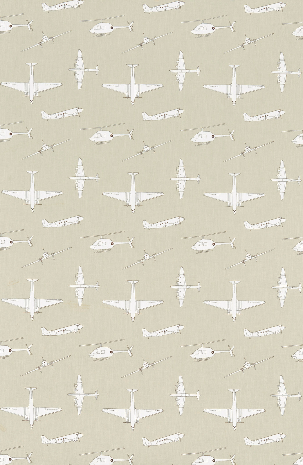 White vintage aeroplanes scattered across a muted stone beige fabric ground
