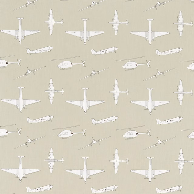 White vintage aeroplanes scattered across a muted stone beige fabric ground