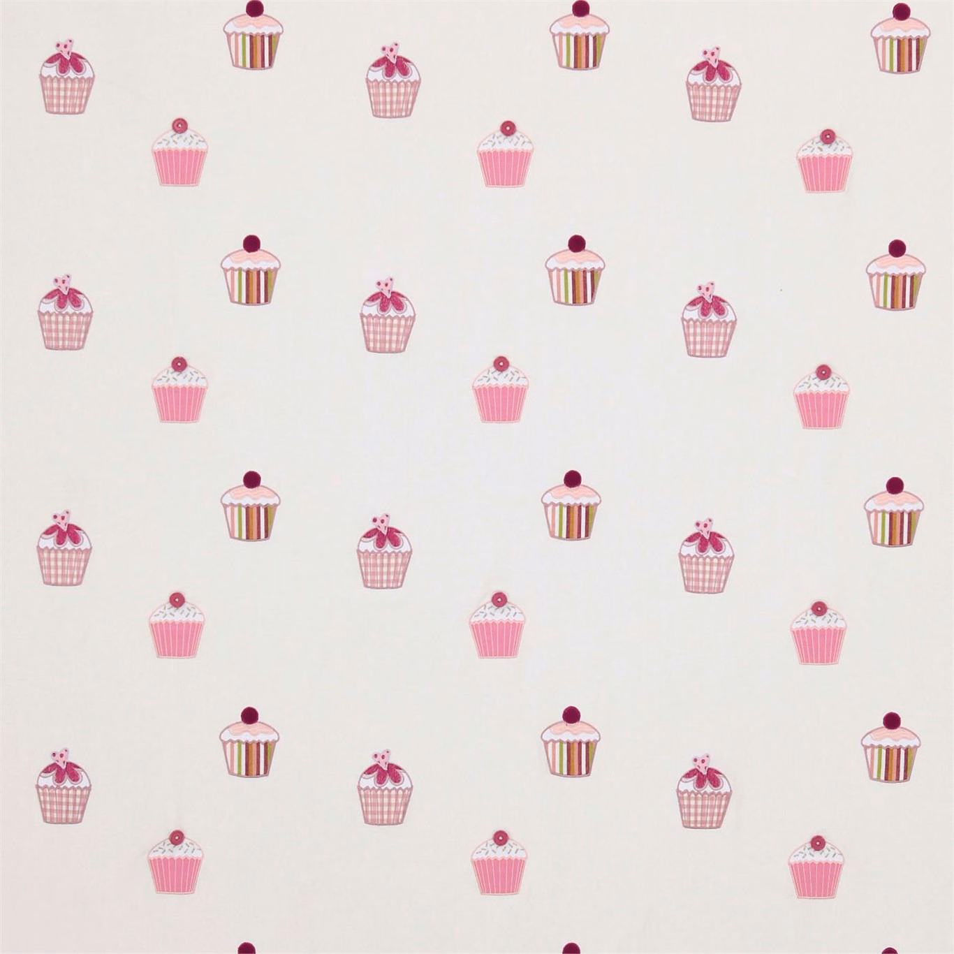 Natural fabric with scattered fuchsia and pink cupcakes, cherries and lime accents