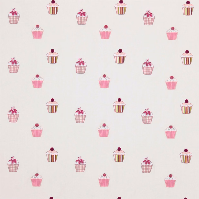 Natural fabric with scattered fuchsia and pink cupcakes, cherries and lime accents