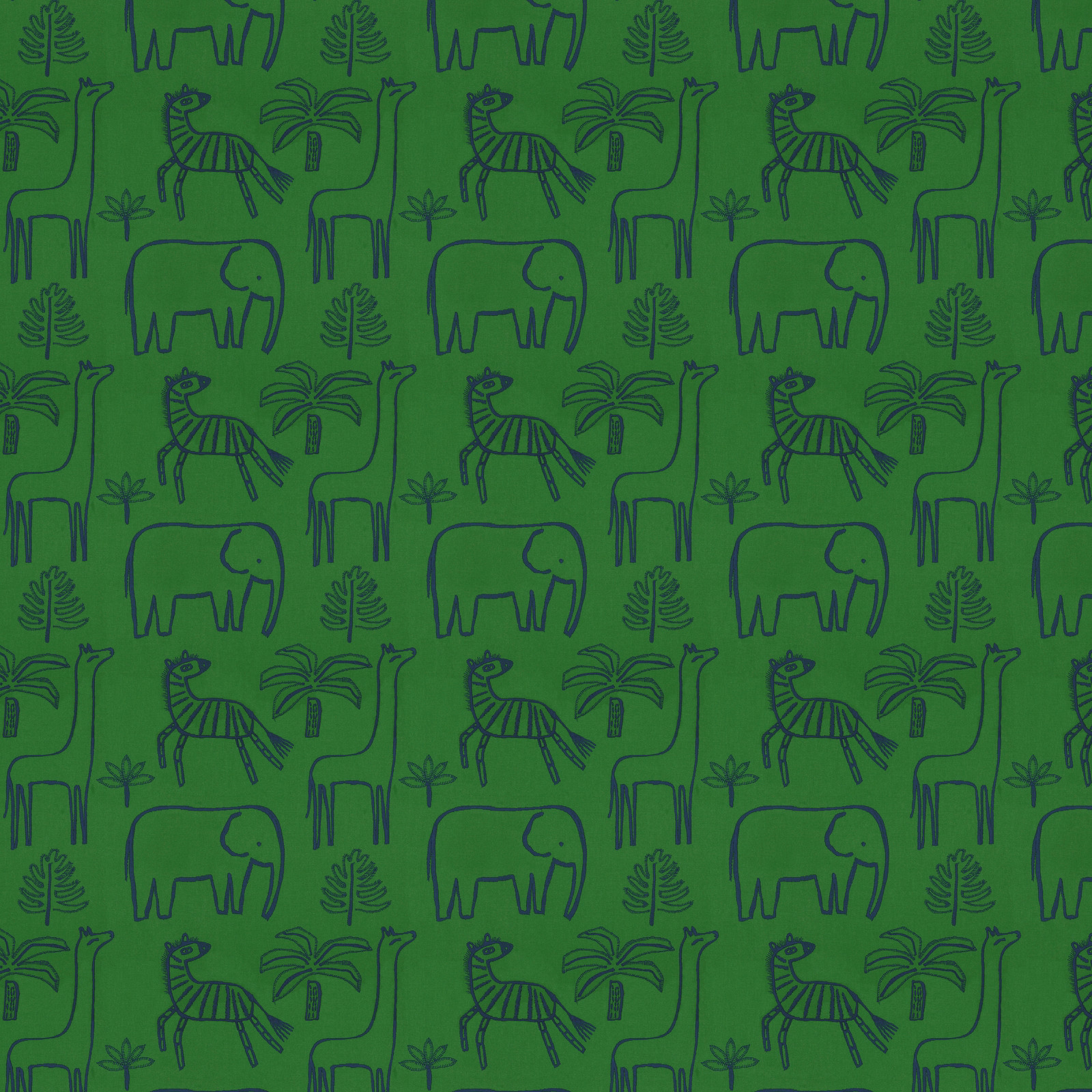 Vivid green fabric with cobalt jungle animals, palms and outlined foliage
