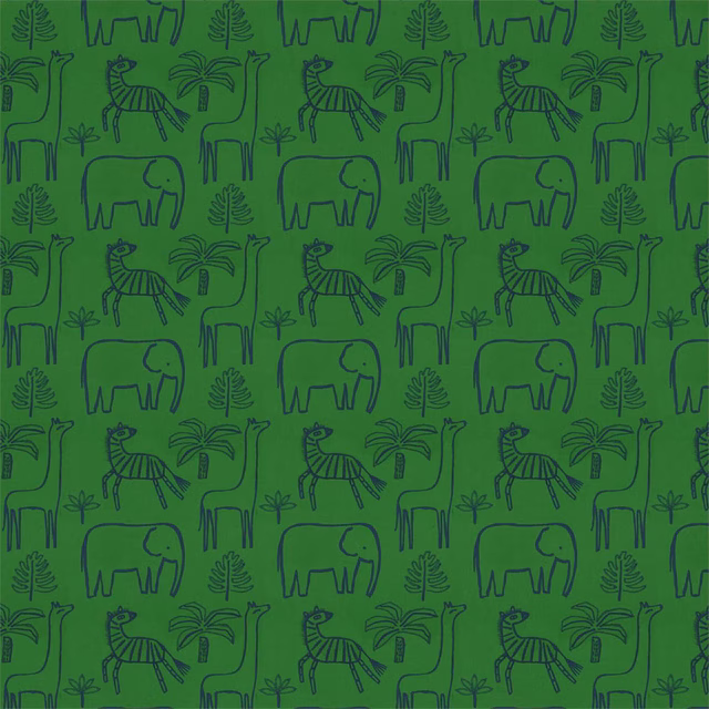 Vivid green fabric with cobalt jungle animals, palms and outlined foliage