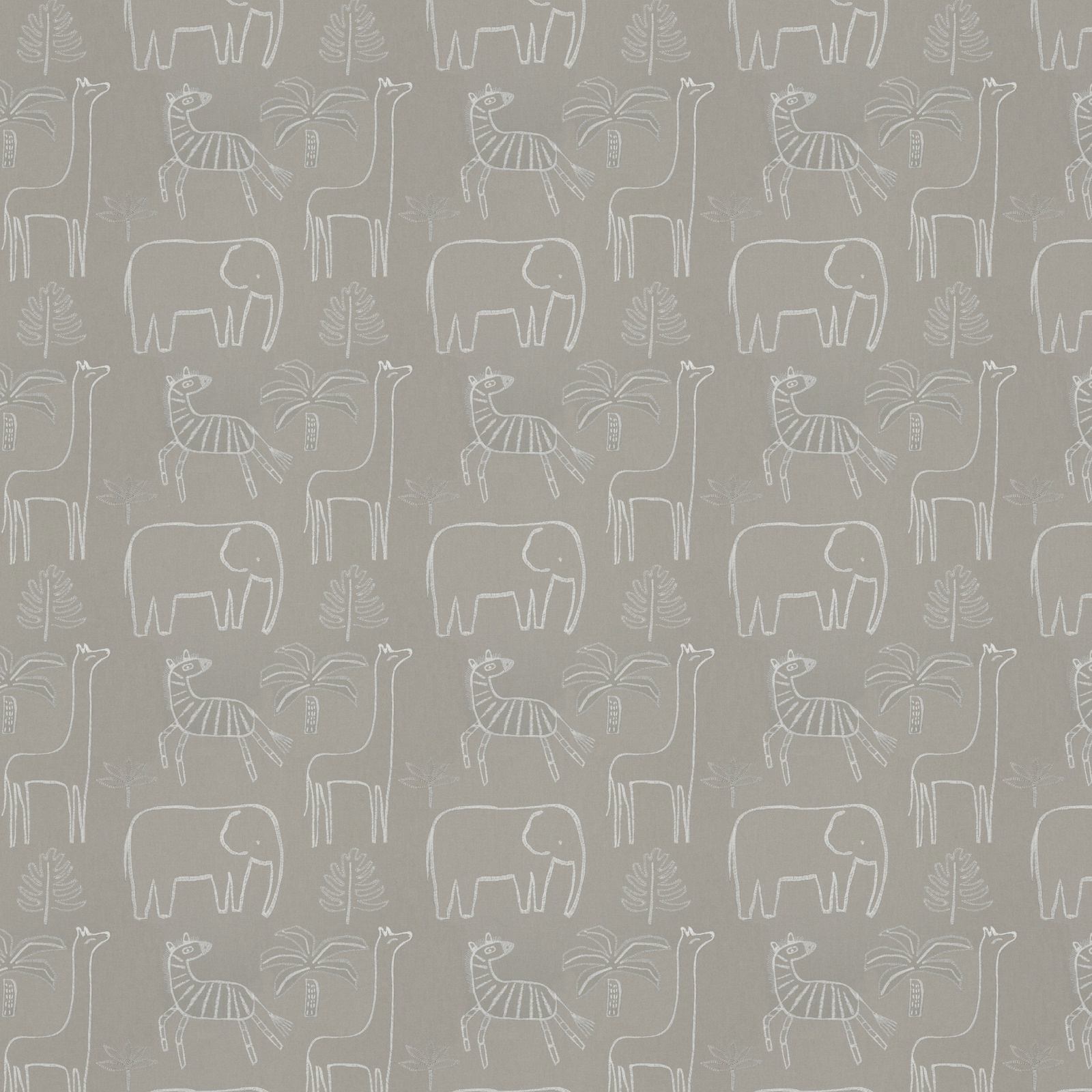 Stone-grey fabric with ivory outlined elephants, giraffes, palms and leafy jungle motifs
