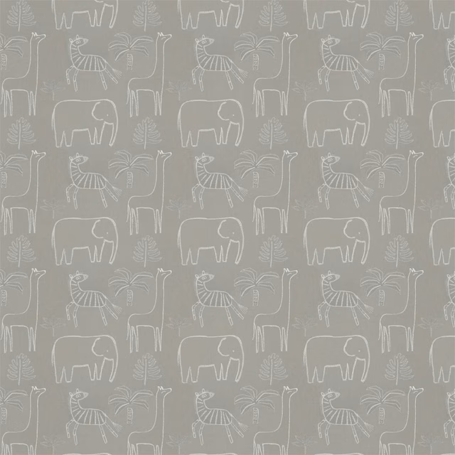 Stone-grey fabric with ivory outlined elephants, giraffes, palms and leafy jungle motifs