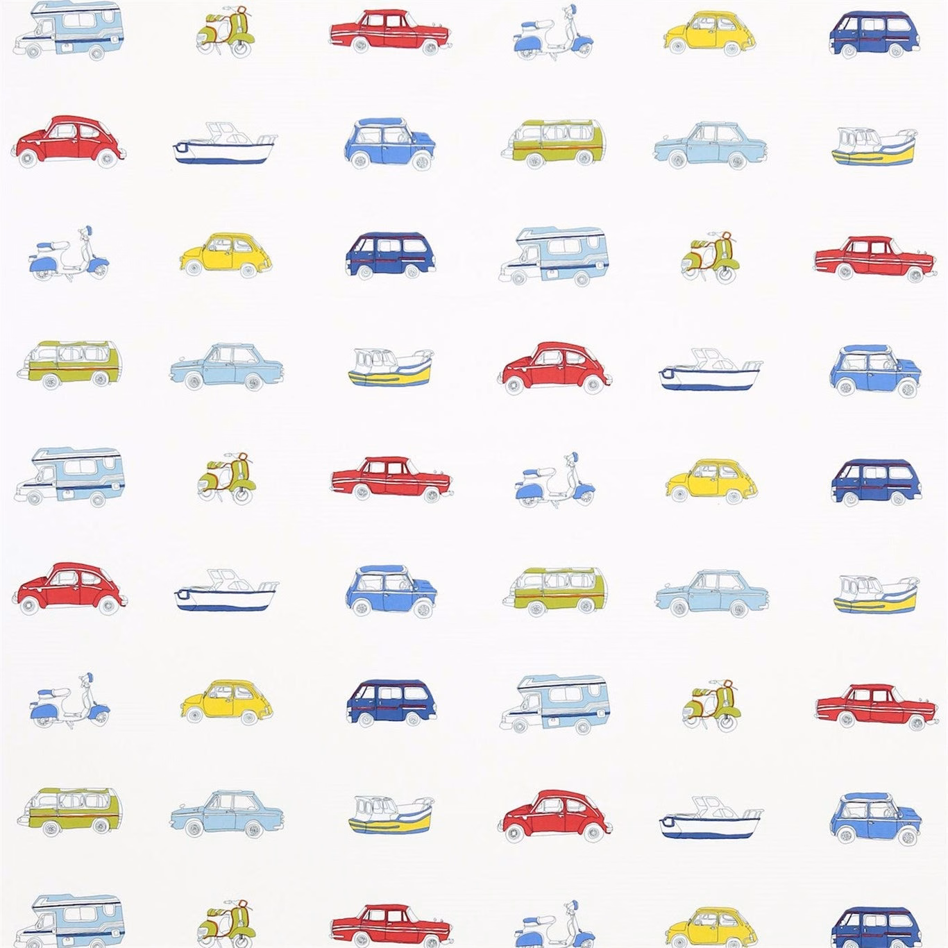 Sky blue, lemon and red vintage vehicles scattered across a natural ground