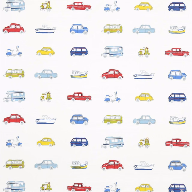 Sky blue, lemon and red vintage vehicles scattered across a natural ground