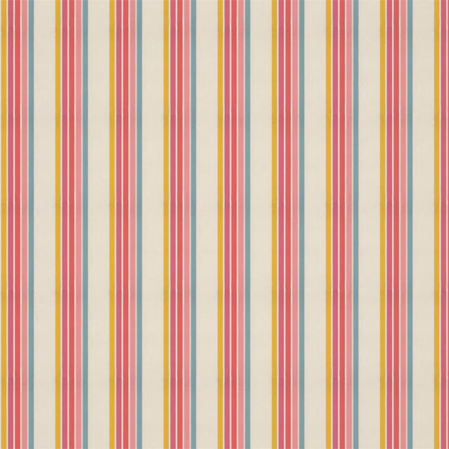 Vertical cherry, blossom, pineapple and sky stripes on a softly woven cream ground