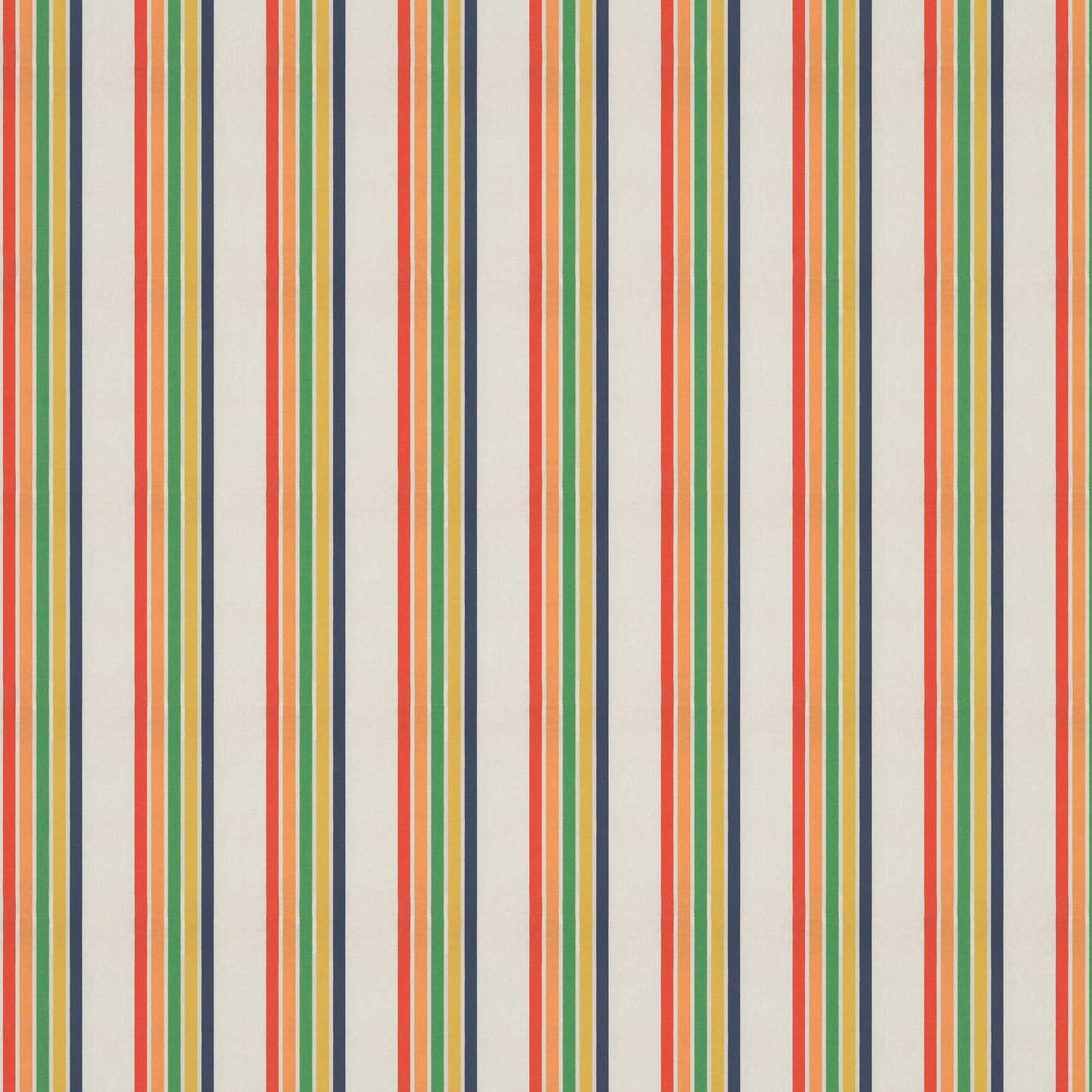 Vertical ivory stripe fabric with navy, poppy, apricot and gecko green bands
