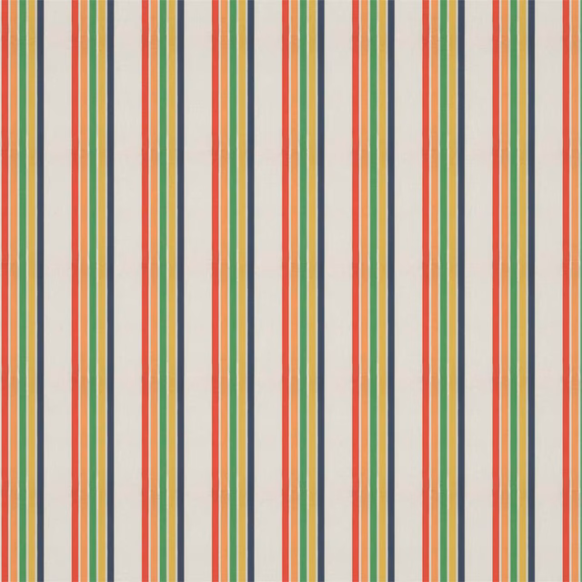 Vertical ivory stripe fabric with navy, poppy, apricot and gecko green bands