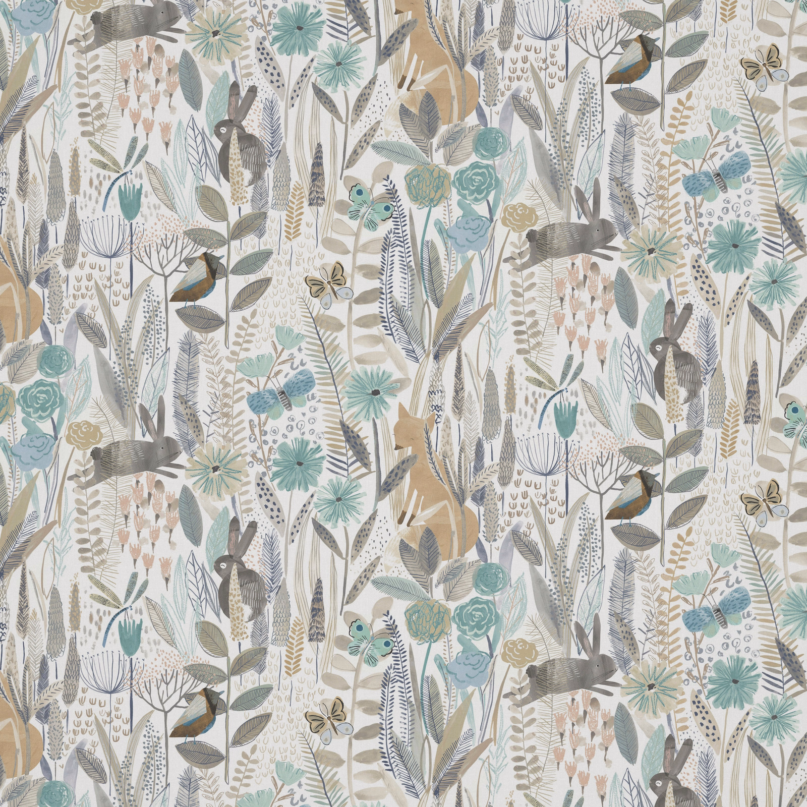 Linen botanical fabric with duck-egg flowers, stone leaves and small birds