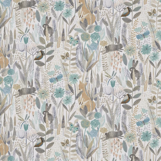 Linen botanical fabric with duck-egg flowers, stone leaves and small birds