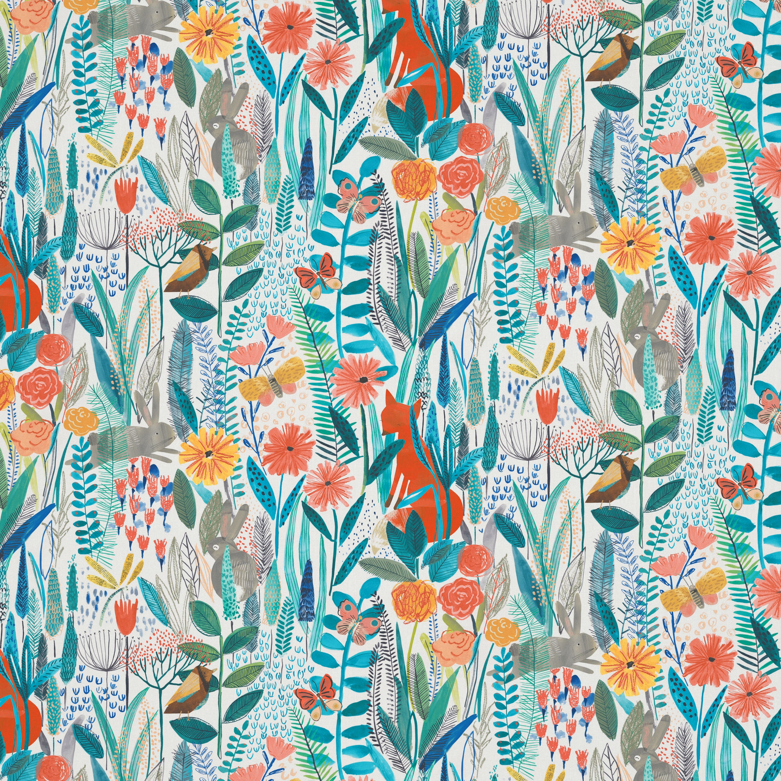 Dense coral, teal and ochre botanical print with butterflies on a pale ground