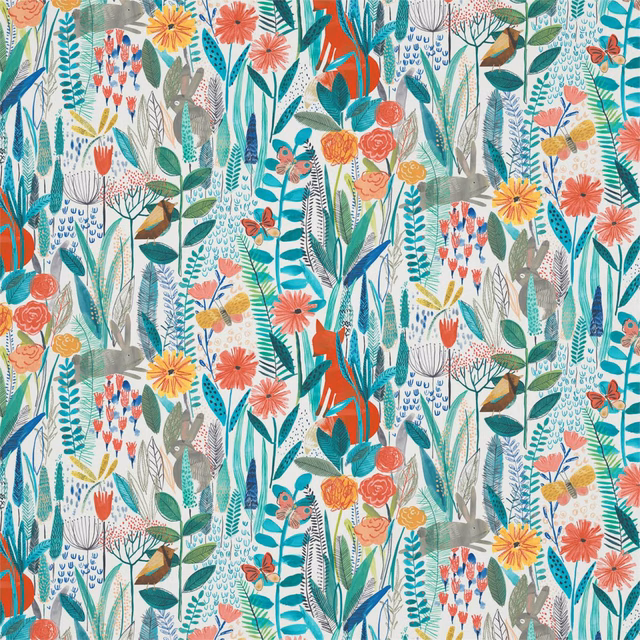 Dense coral, teal and ochre botanical print with butterflies on a pale ground
