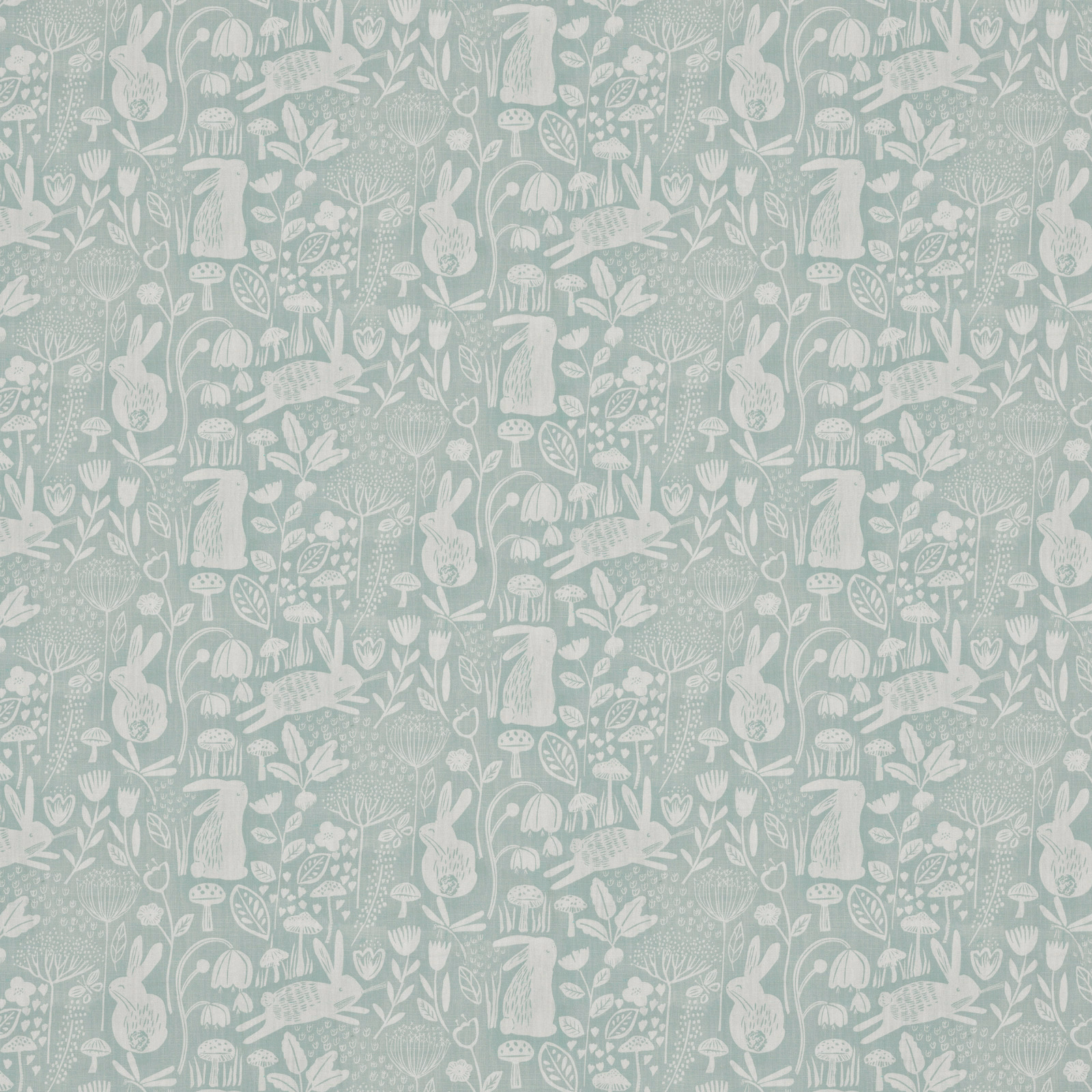 Duck egg blue fabric with ivory rabbits, mushrooms, flowers and leafy meadow motifs
