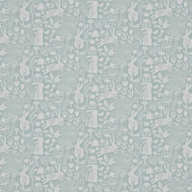 Duck egg blue fabric with ivory rabbits, mushrooms, flowers and leafy meadow motifs