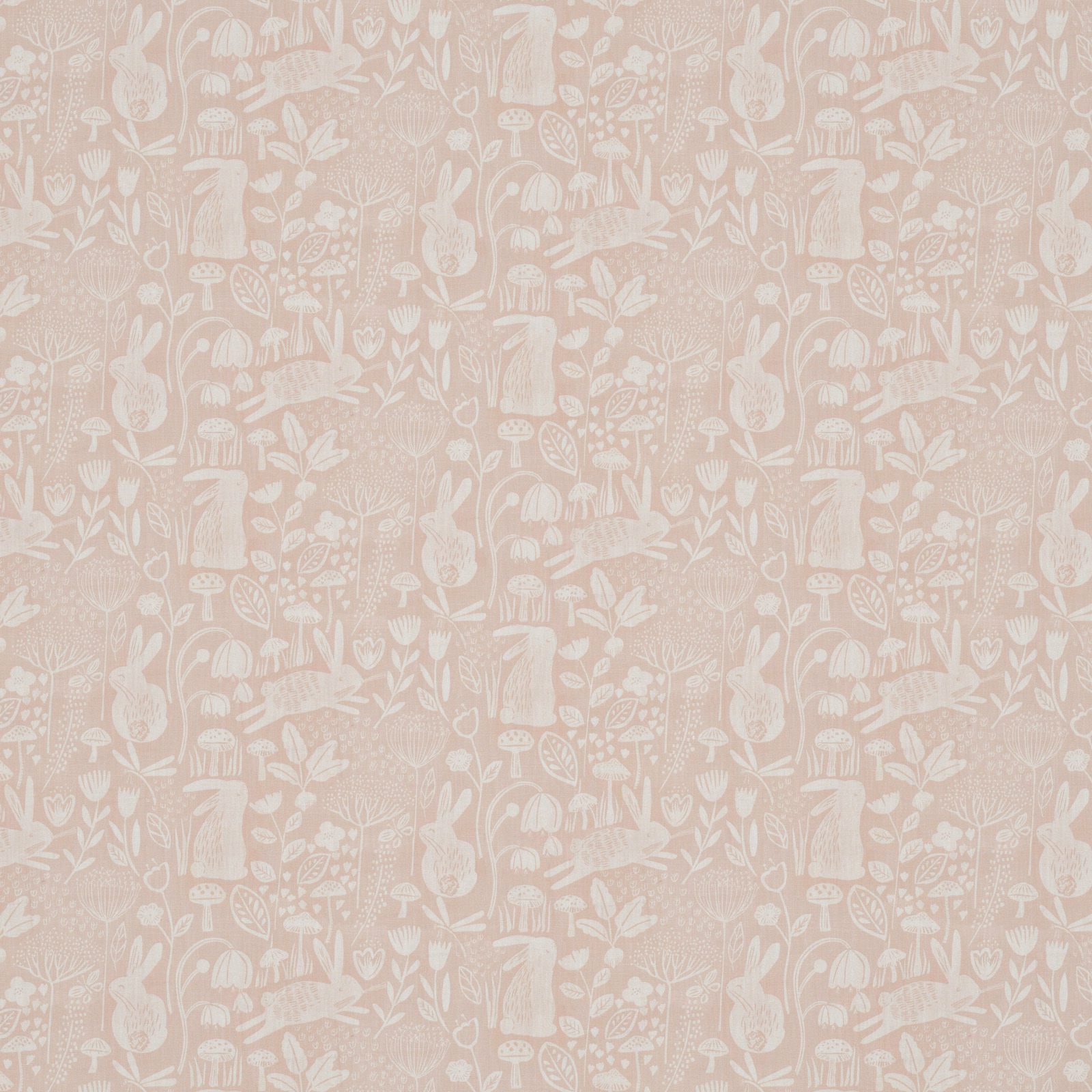 Powder blush fabric with cream rabbits, flowers, mushrooms and leafy meadow motifs